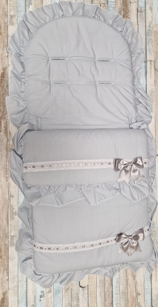 Unisex Baby Grey Frill Universal Pushchair Footmuff/ Cosytoes With Grey Satin Side Bow