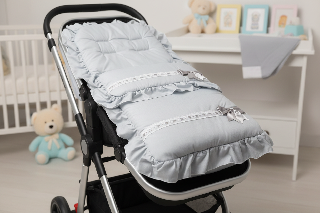 Unisex Baby Grey Frill Universal Pushchair Footmuff/ Cosytoes With Grey Satin Side Bow