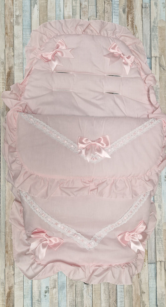 Baby Girls Pink Frill Universal Pushchair Footmuff/ Cosytoes With 5 Pink Satin Bow