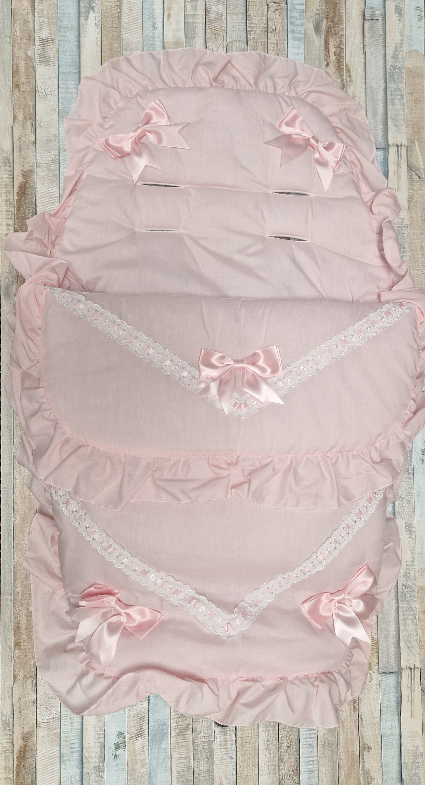 Baby Girls Pink Broderie Anglaise Lace Footmuff/ Cosytoes With 5 Pink Satin Bow