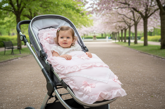 Baby Girls Pink Frill Universal Pushchair Footmuff/ Cosytoes With 5 Pink Satin Bow