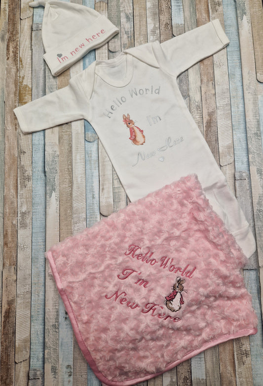 Baby Girls Hello World I'm New Here Pink Soft Rose Wrap, Babygro And Hat Coming Home Set