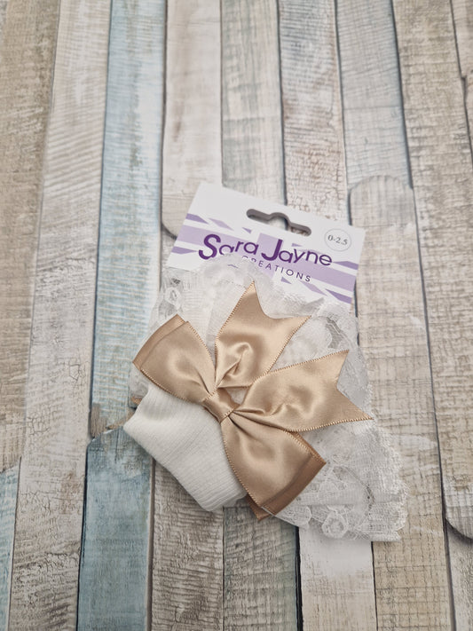 Baby Girls White Frilly Socks With Beige Satin Bow