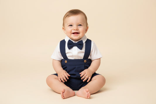 Baby Boys Navy And White Dungaree Set With Dickie Bow
