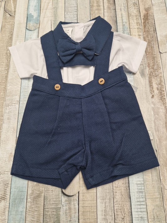 Baby Boys navy And White Dungaree Set With Dickie Bow