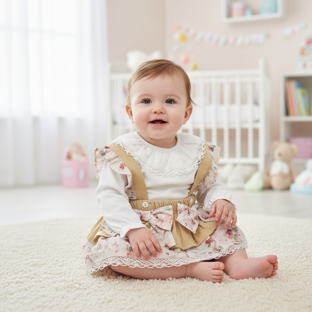 Baby Girls Cream And Beige Floral Jam Pants Set