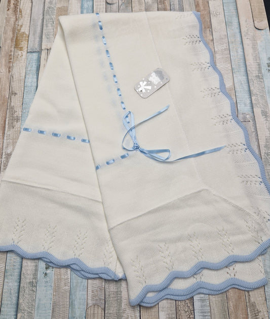 Baby Boys White And Blue Knitted Shawl With Blue Satin Ribbon