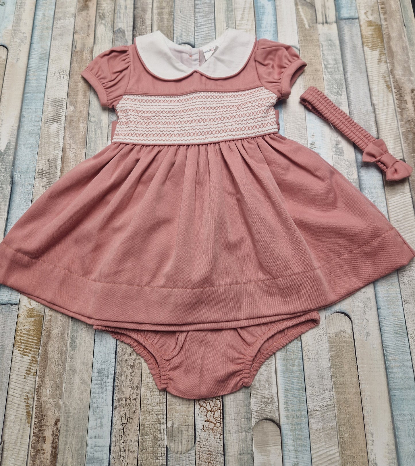 Baby Girls Pink Smocked Dress With Matching Pants And Headband