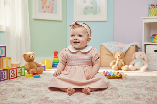 Baby Girls Peach And White Smocked Dress With Matching Pants And Headband