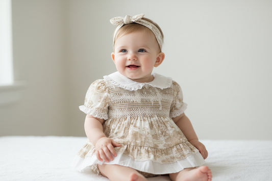 Baby Girls Beige And White Smocked Dress With Matching Pants And Headband