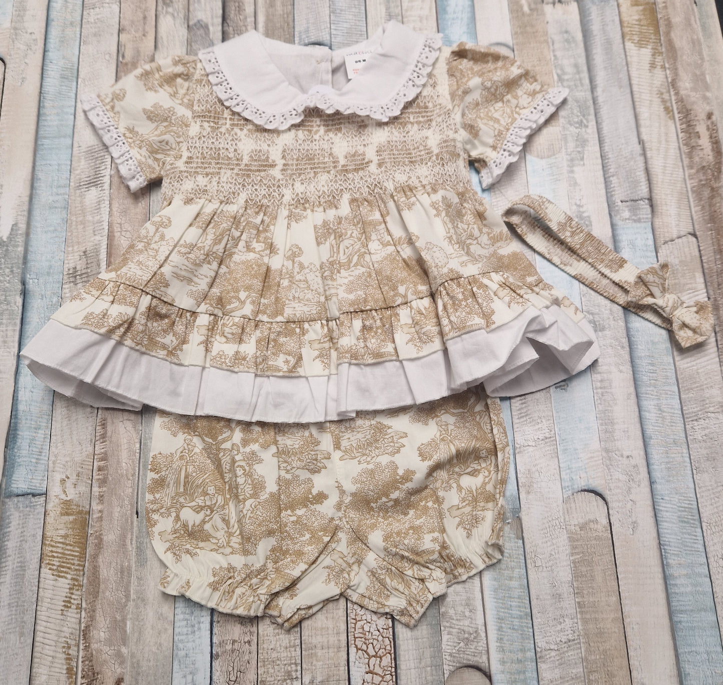 Baby Girls Beige And White Smocked Dress With Matching Pants And Headband