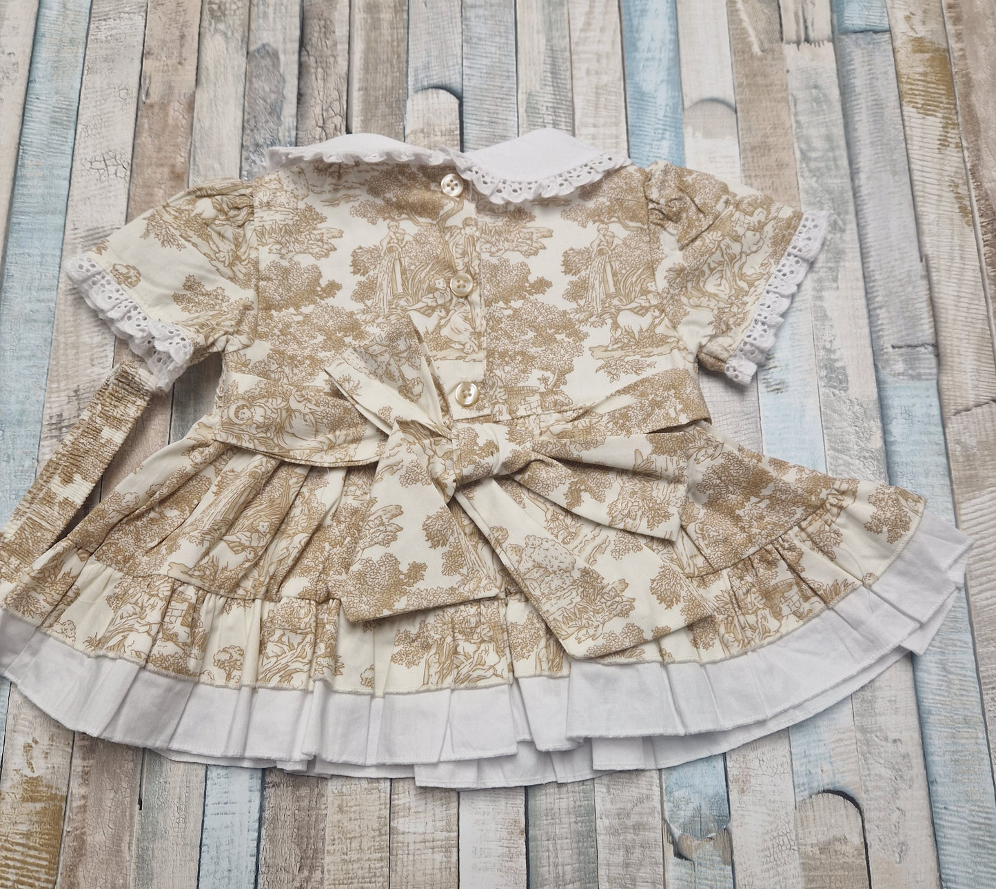 Baby Girls Beige And White Smocked Dress With Matching Pants And Headband