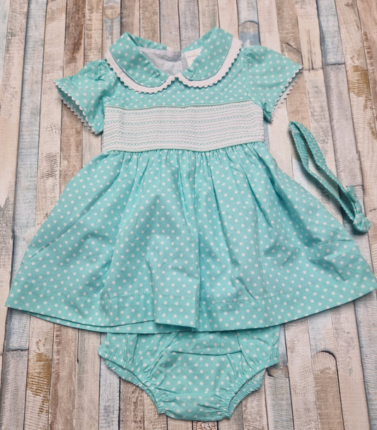 Baby Girls Mint Polka Dot Smocked Dress With Matching Pants And Headband