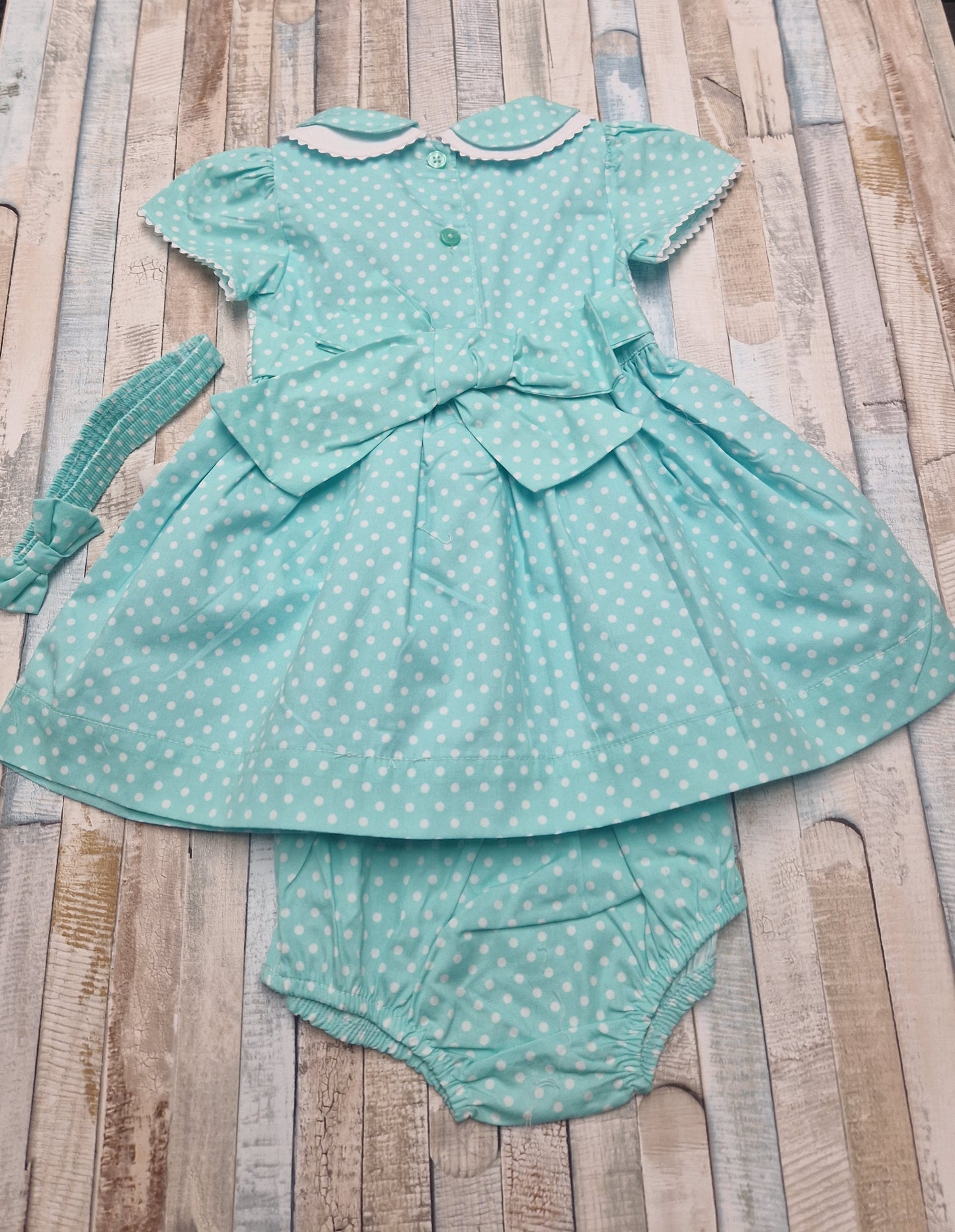 Baby Girls Mint Polka Dot Smocked Dress With Matching Pants And Headband