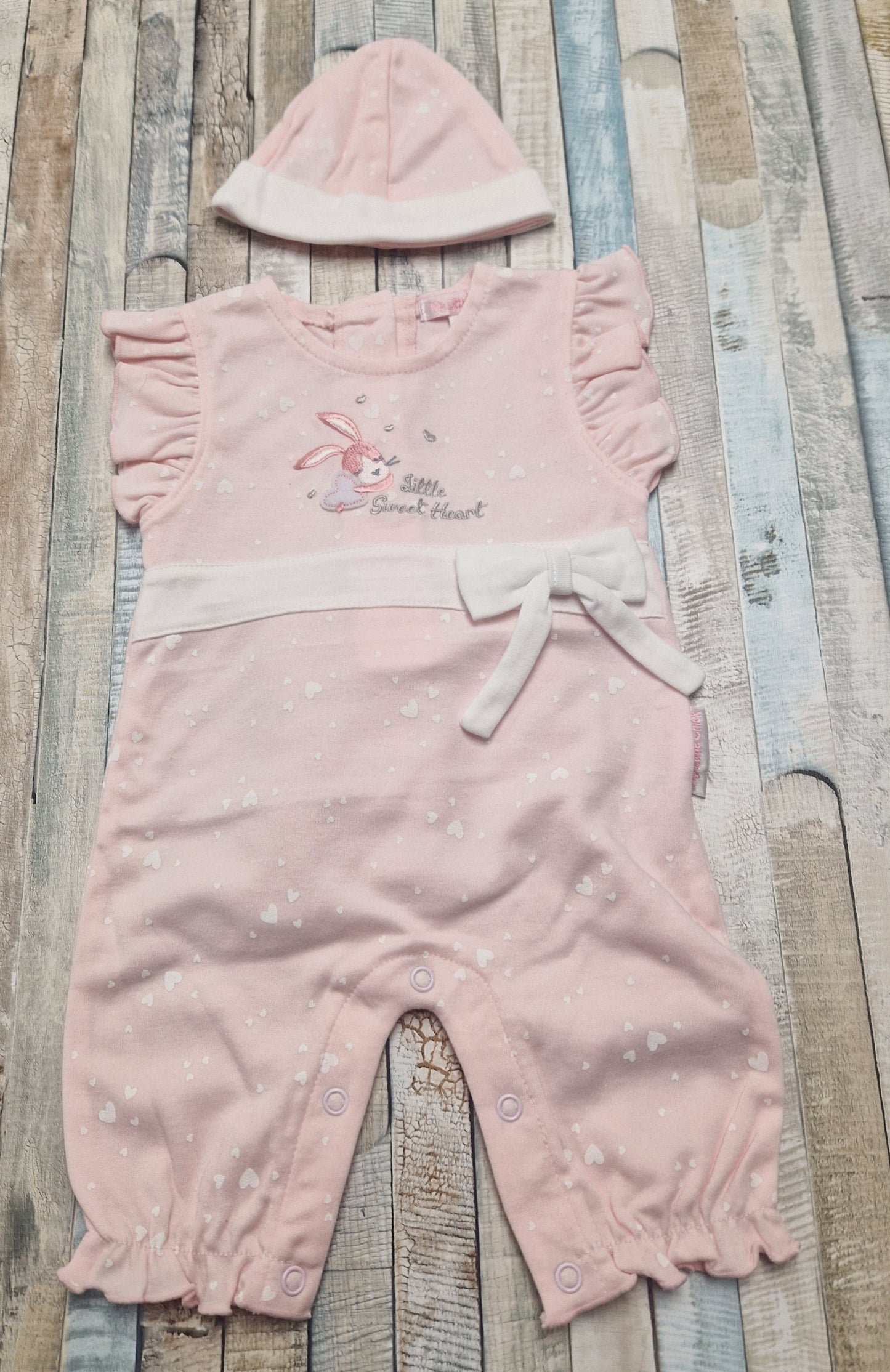 Baby Girls Pink Sweet Heart  Romper And Hat