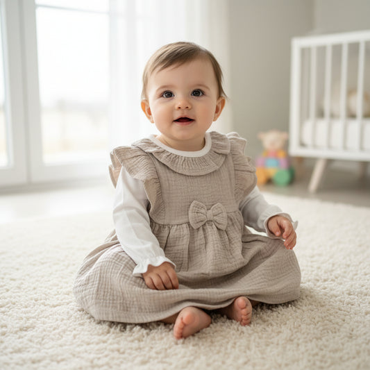 Baby Girls Beige And White 2 Piece Dress Set