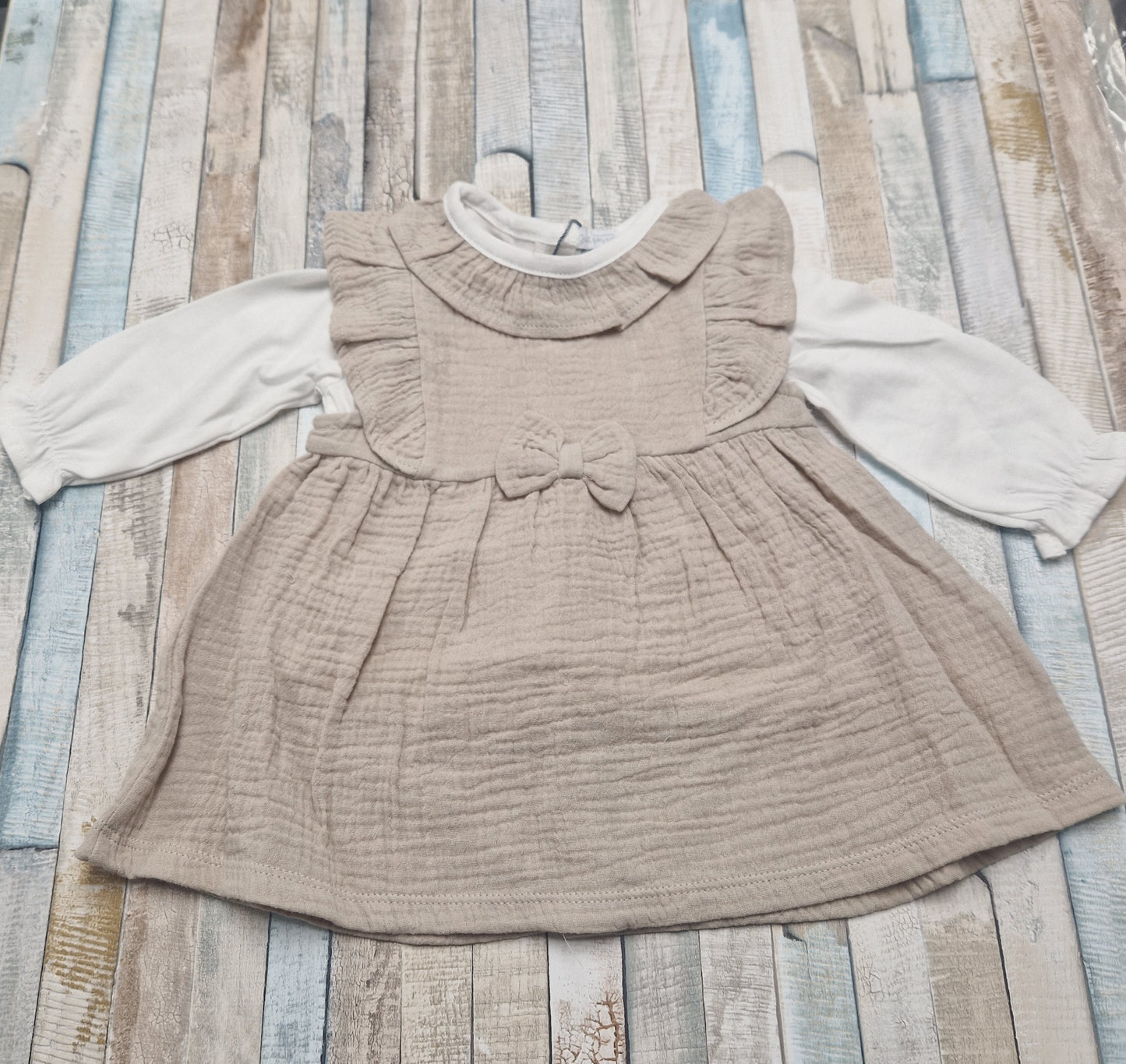 Baby Girls Beige And White 2 Piece Dress Set