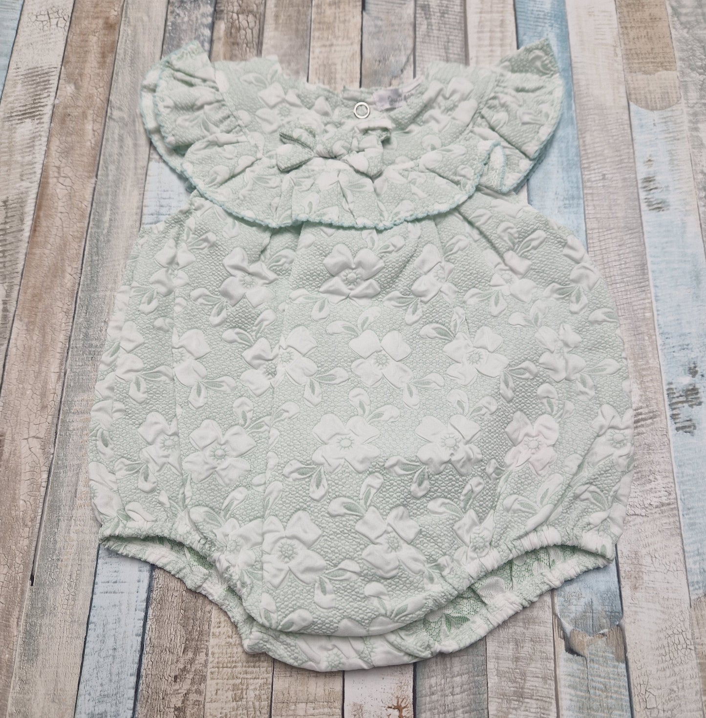 Baby Girls Mint Green And White Jacquard Romper