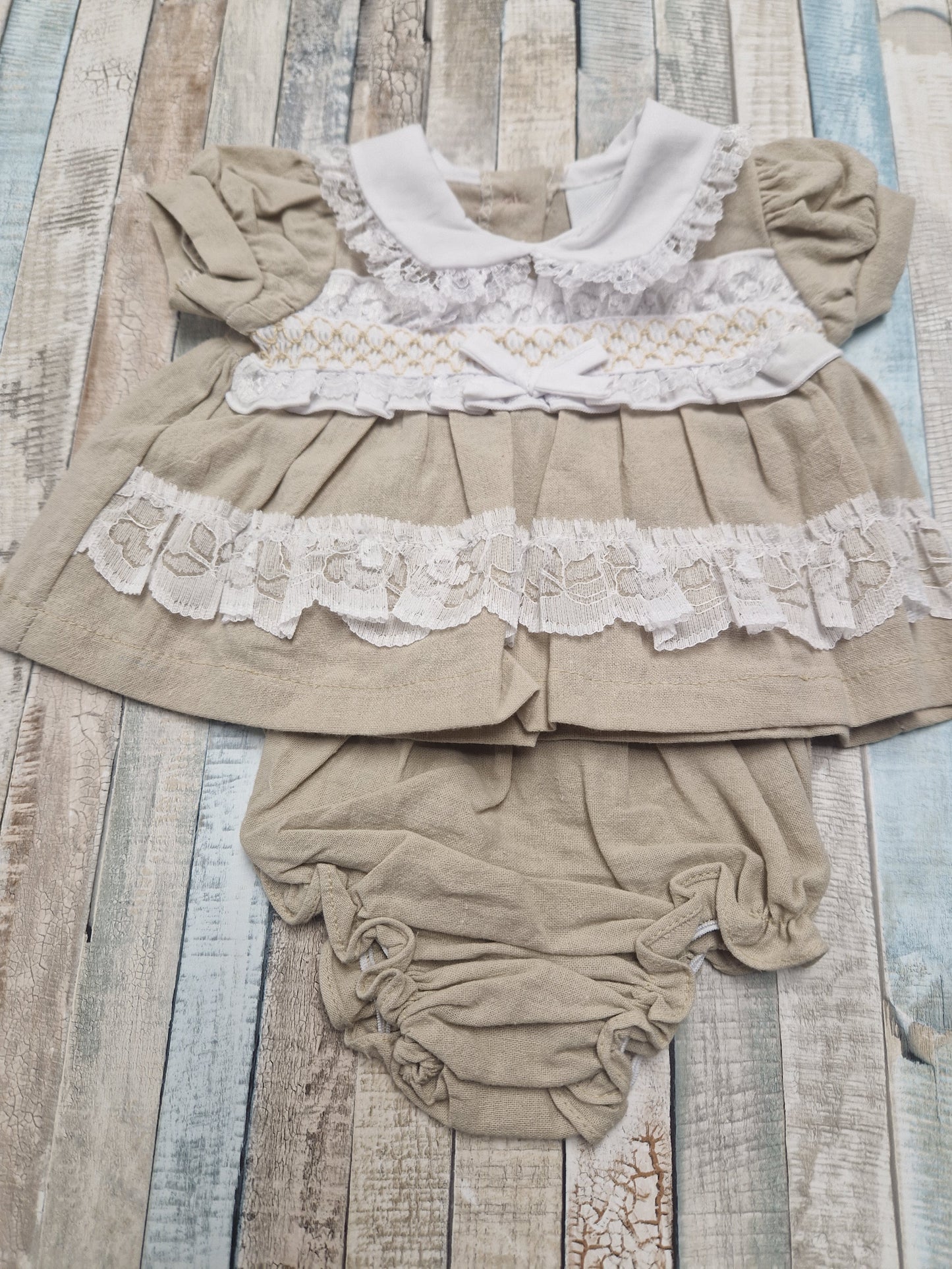 Baby Girls Beige Linen Smocked Lace Dress And Pants