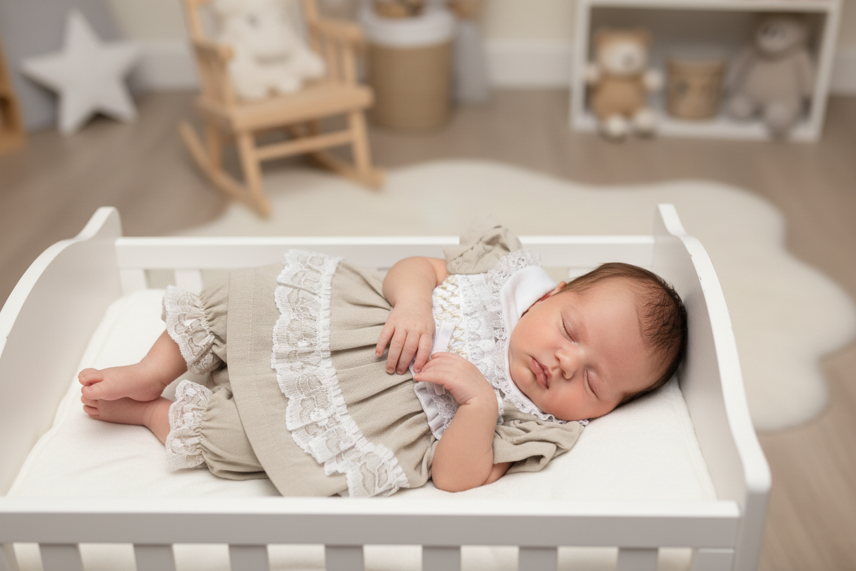 Baby Girls Beige Linen Smocked Lace Dress And Pants