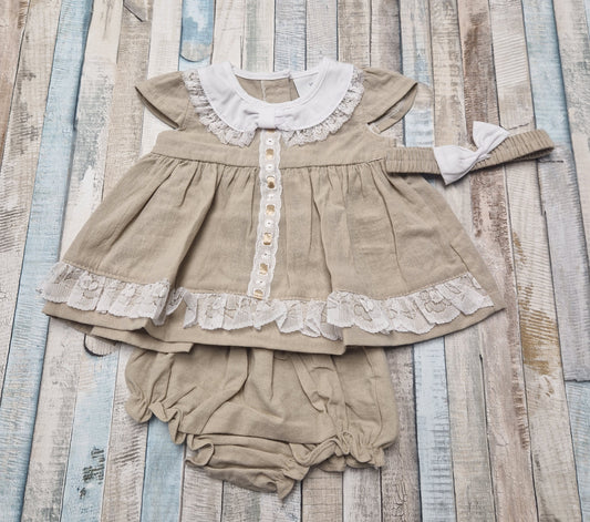 Baby Girls Beige And White Slotted Lace Dress And Pants