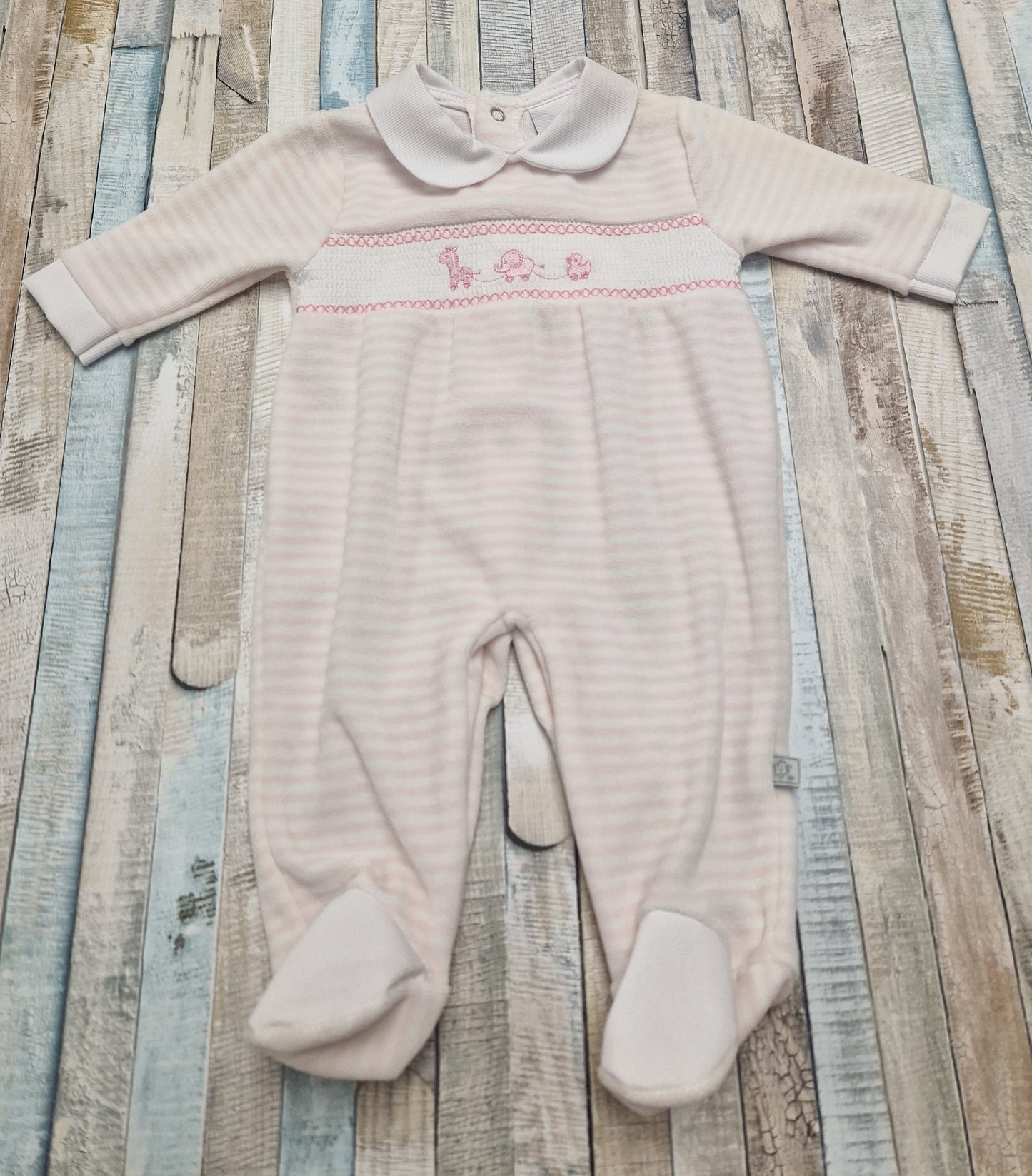 Nana's Special Buys Baby Girls White And Pink Striped Velour Babygro