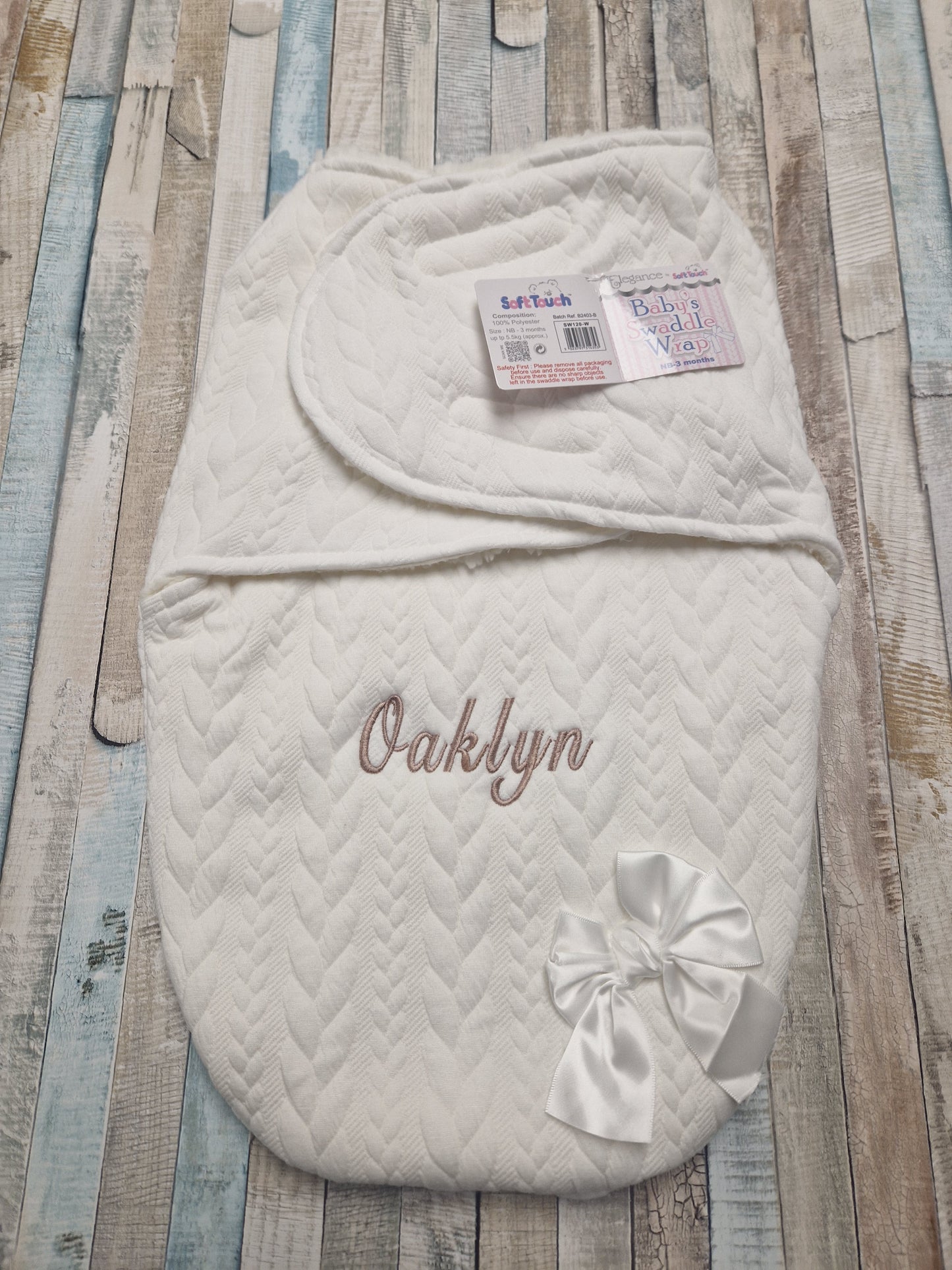 Personalised Unisex Baby White Knitted Cable Design Swaddle Wrap