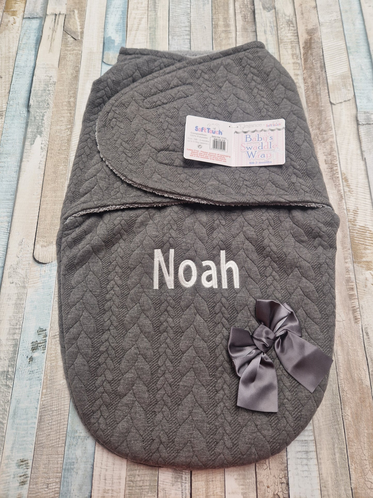 Personalised Unisex Baby Grey Knitted Cable Design Swaddle Wrap