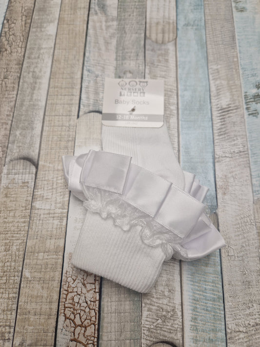 Baby Girls White Lace And White Ribbon Frilly Ankle Socks