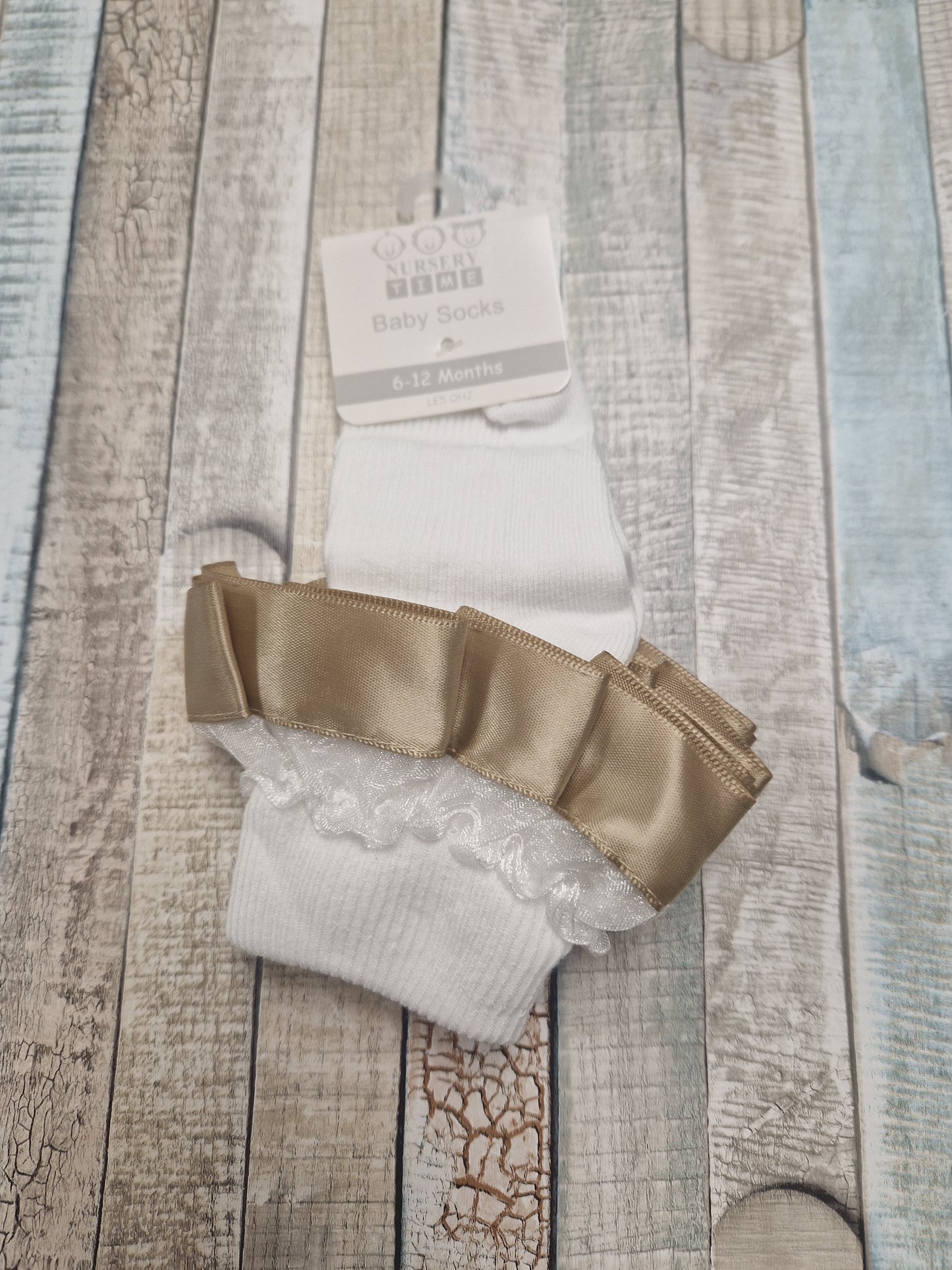 Baby Girls White Lace And Beige Ribbon Frilly Ankle Socks