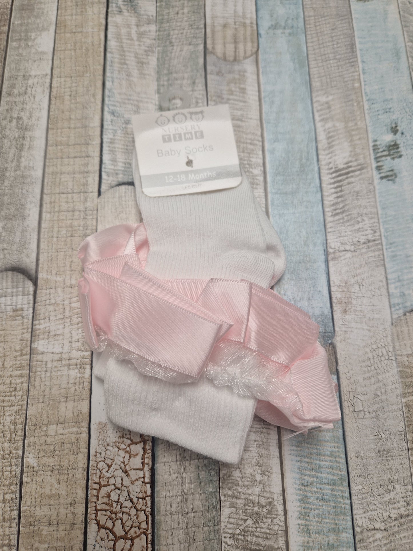 Baby Girls White Lace And Pink Ribbon Frilly Ankle Socks