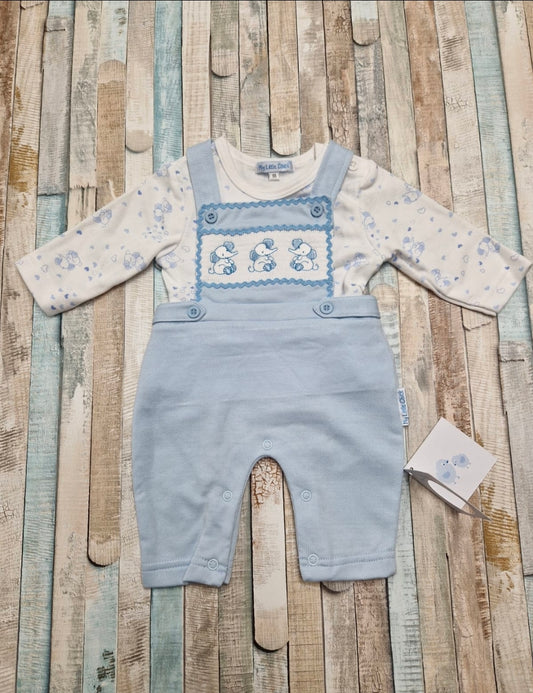 Baby Boys Blue And White Smocked Elephant Dungaree