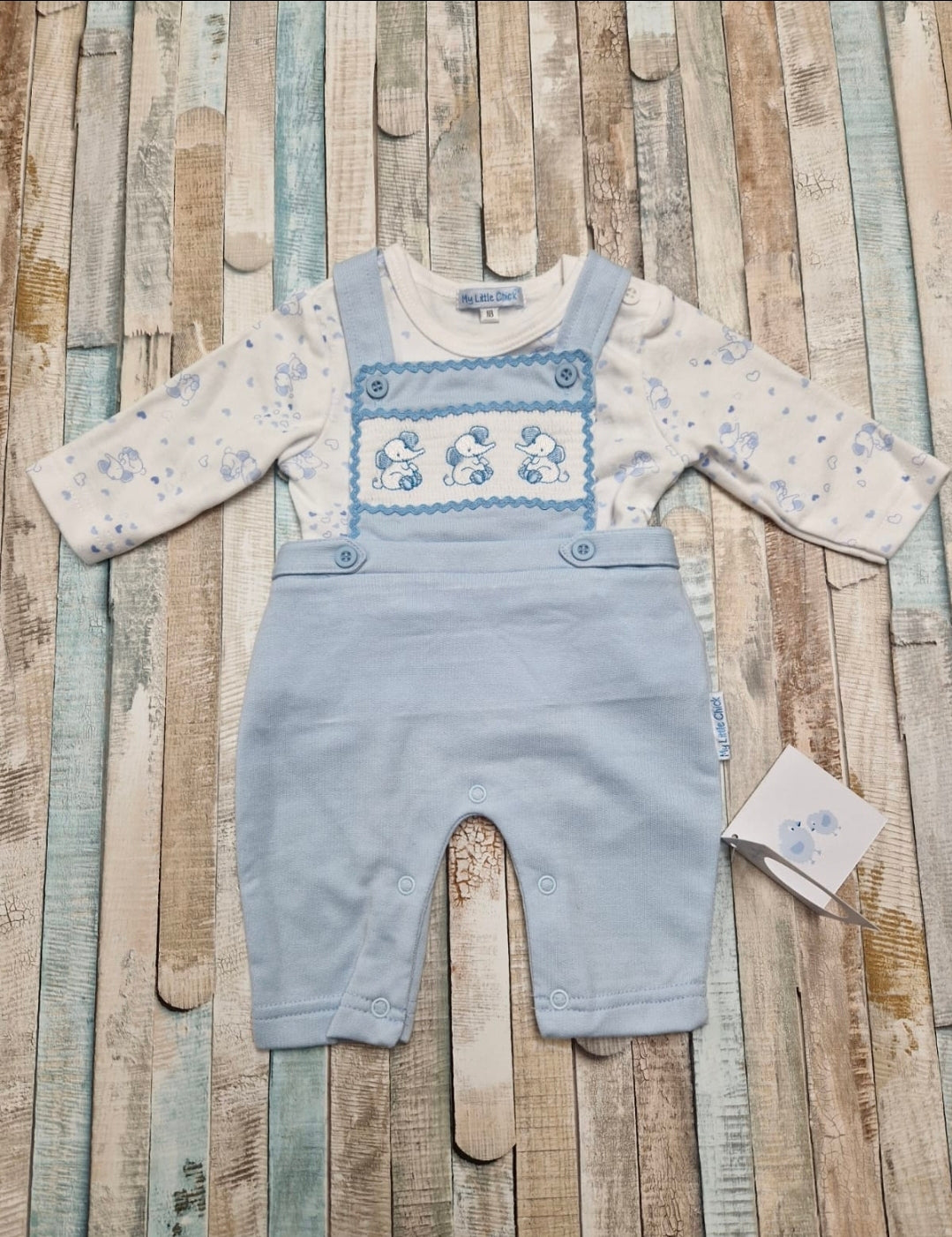 Baby Boys Blue And White Smocked Elephant Dungaree