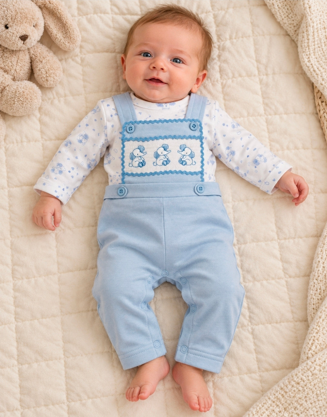 Baby Boys Blue And White Smocked Elephant Dungaree