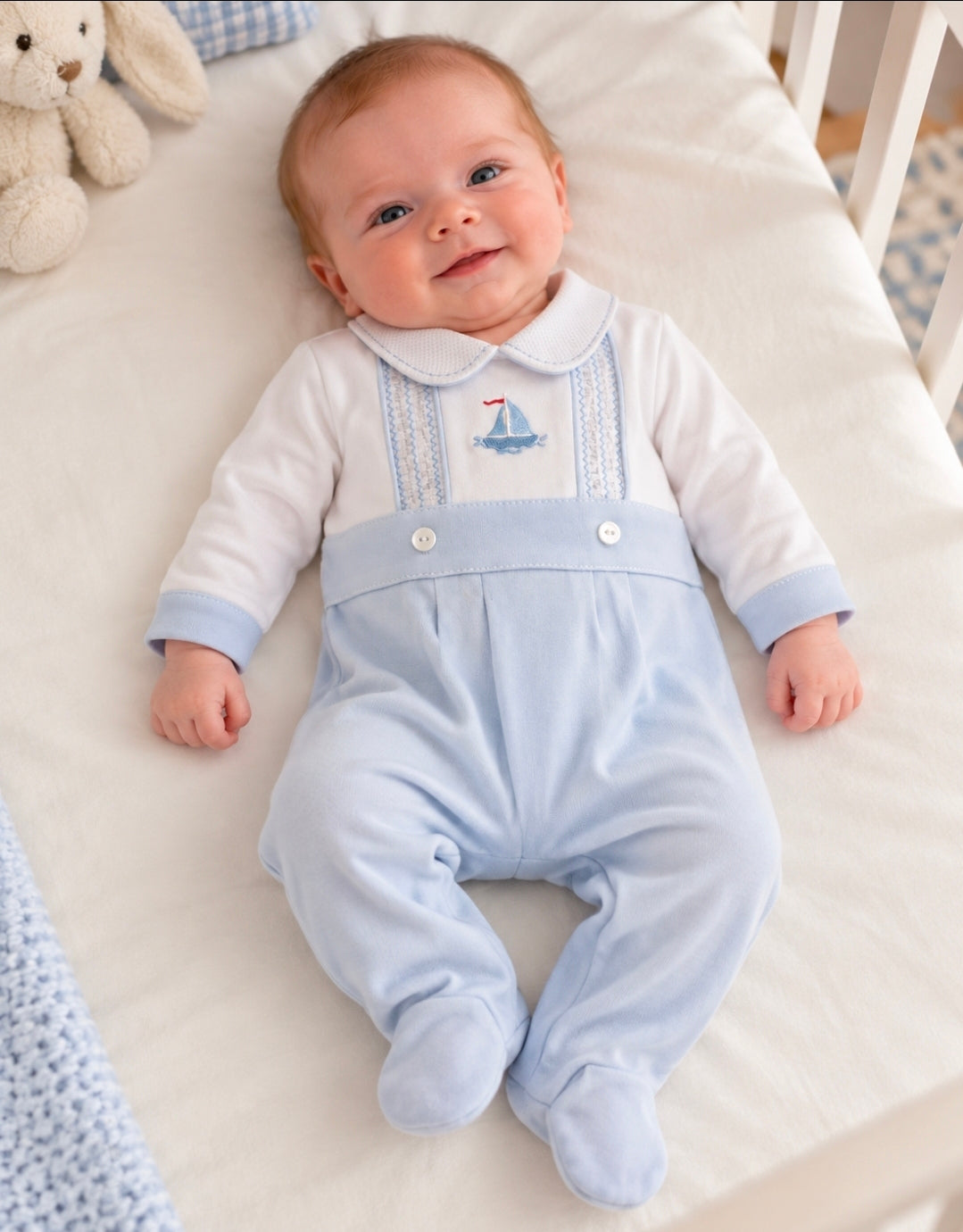 Nana's Special Buy Baby Boys Blue And White Boat Sleepsuit