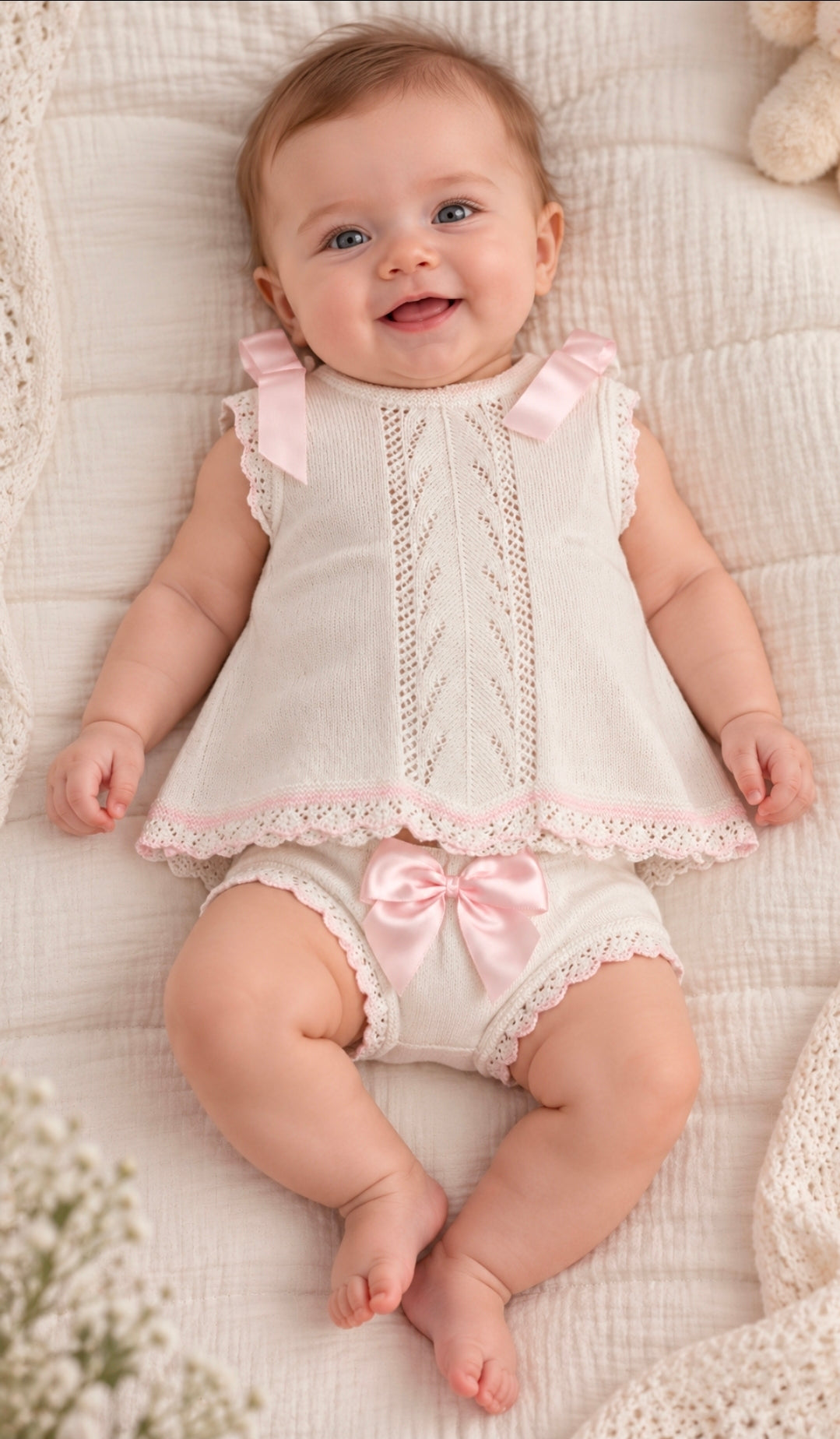 Nana's Special Buy Baby Girls White And Pink Knitted Dress And Pants Set