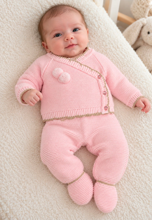 Nana's Special Buys Baby Girls Pink And Beige Trim Knitted 2 Piece Set