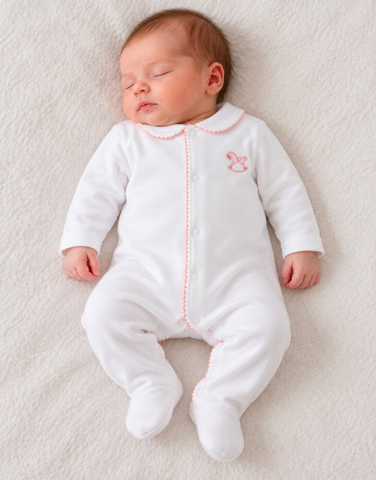 Baby Girl White Velour Rocking Horse Sleepsuit