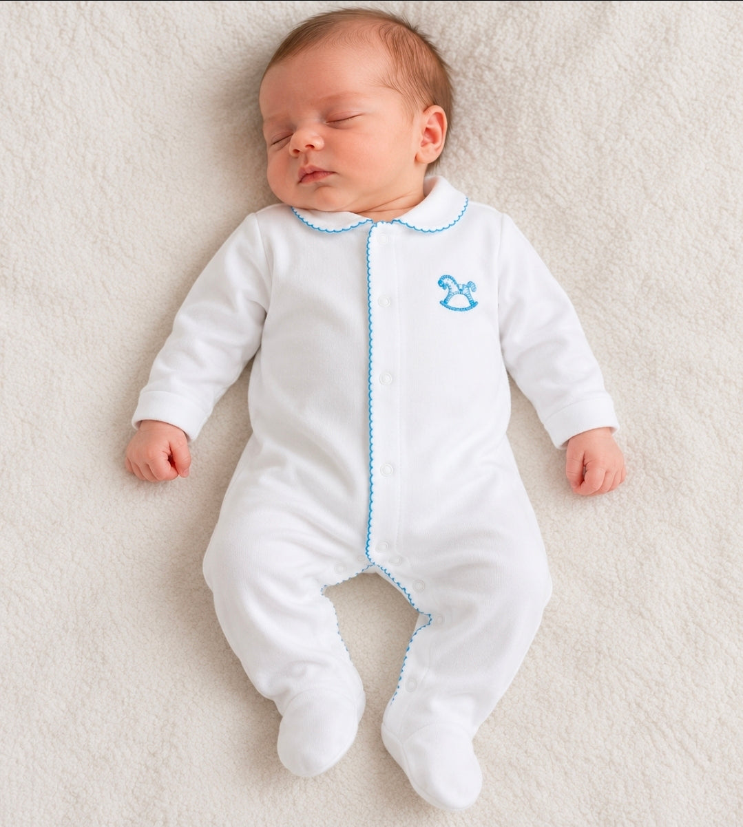 Baby Boys White Velour Rocking Horse Sleepsuit