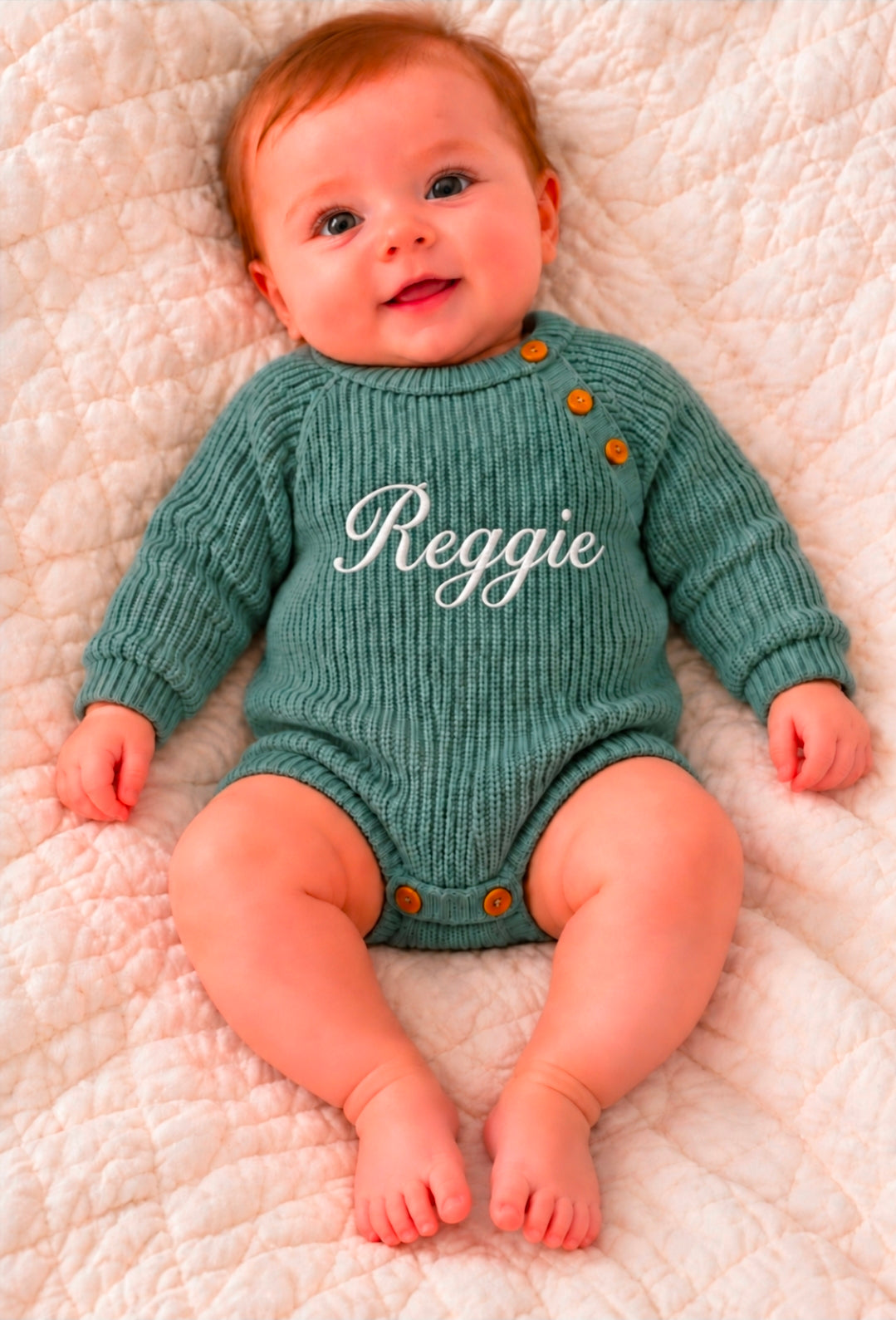 Unisex Baby Personalised Sage Green Knitted Romper