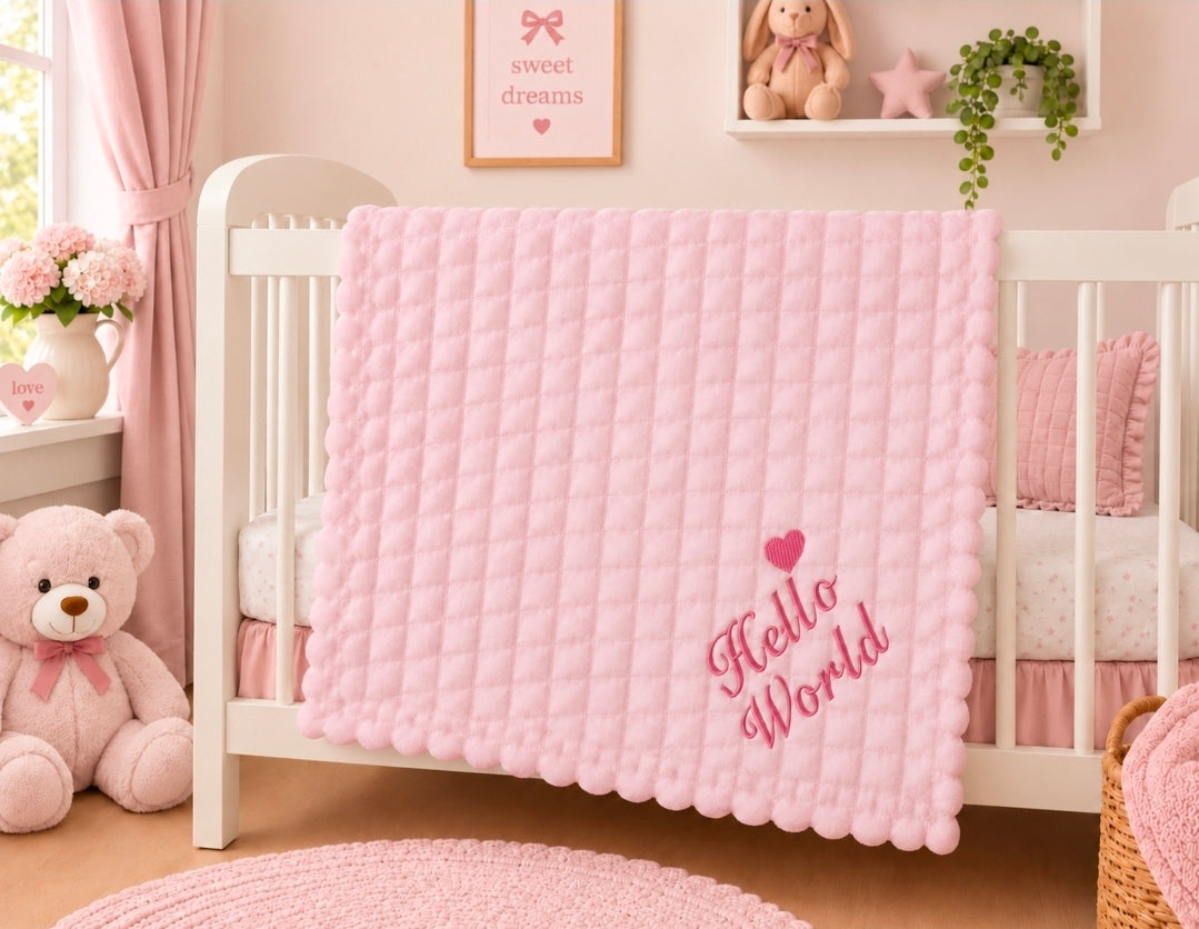 Baby Girls Pink Hello World Jacquard Square Blanket/ Wrap