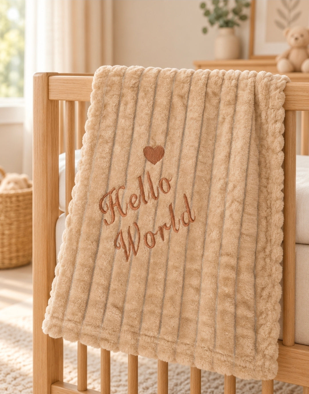 Unisex Baby Beige Jaqcuard Square Hello World Blanket/ Wrap