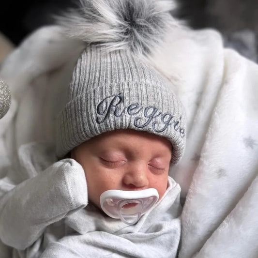 Personalised Baby Grey Knitted Single Fluffy Faux Fur Pom Hat