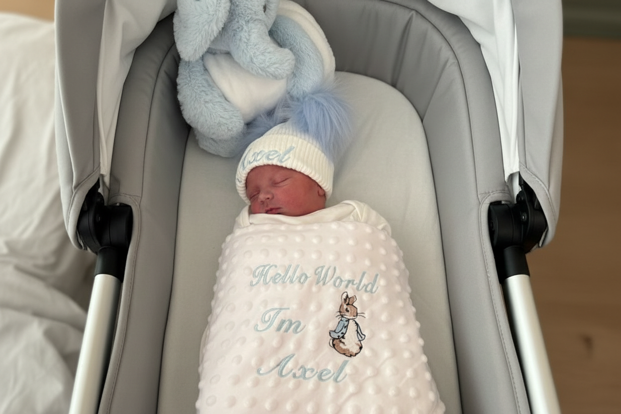 Personalised Baby White Knitted Double Blue Fluffy Faux Fur Pom Hat