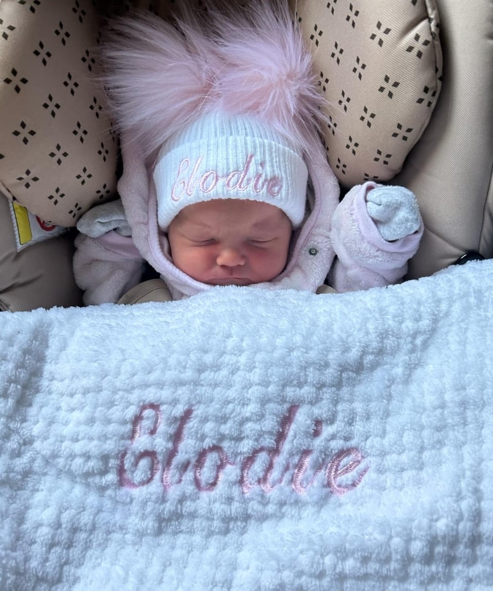 Personalised Baby White Knitted Double Pink Fluffy Faux Fur Pom Hat