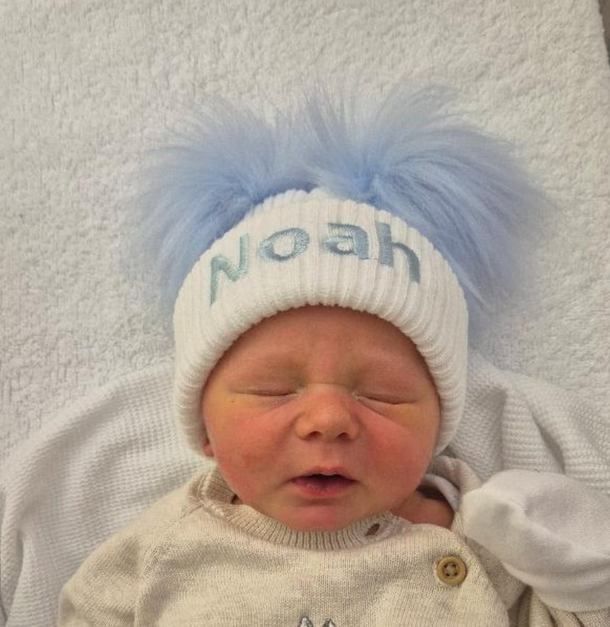 Personalised Baby White Knitted Double Blue Fluffy Faux Fur Pom Hat