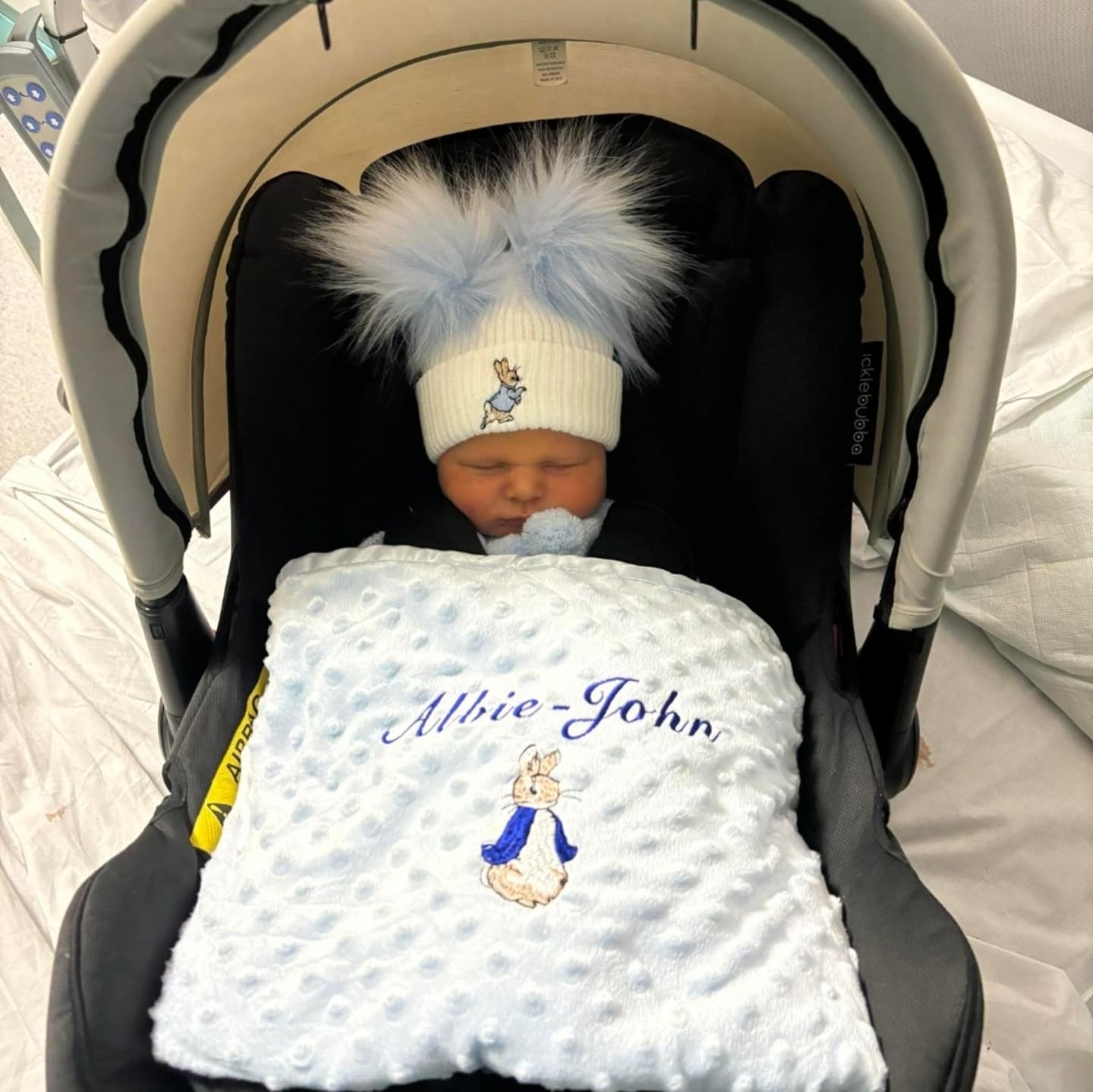 Personalised Blue Dimple Baby Wrap /Blanket With Blue Rabbit