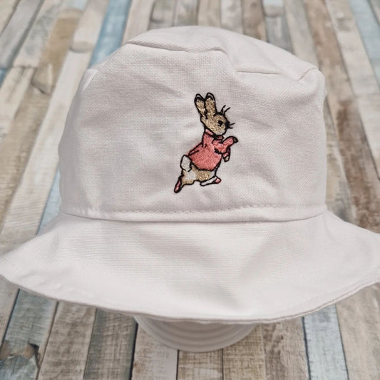 Baby Girls White Cotton Bucket Hat With Embroidered Pink  Rabbit