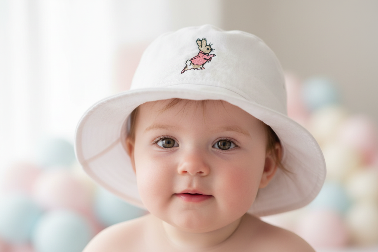 Baby Girls White Cotton Bucket Hat With Embroidered Pink  Rabbit