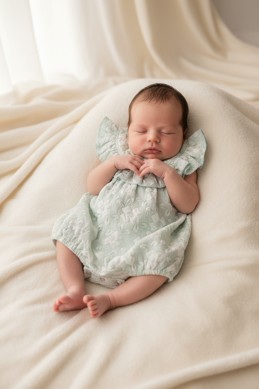 Baby Girls Mint Jaquard Romper